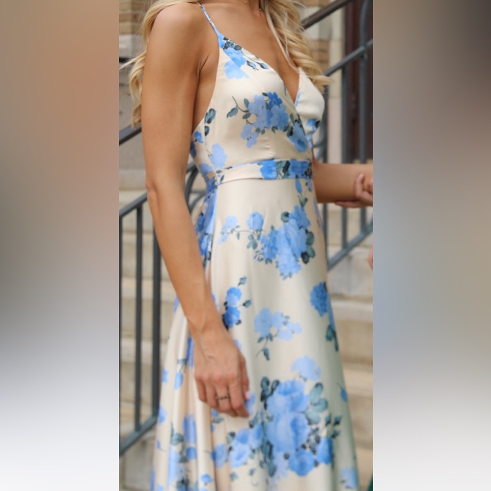 Silk maxi dress in Champagne with blue flower print
